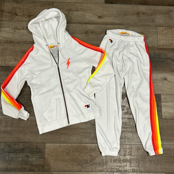 Aviator nation white sweatpant and zip up hoodie set with neon stripes